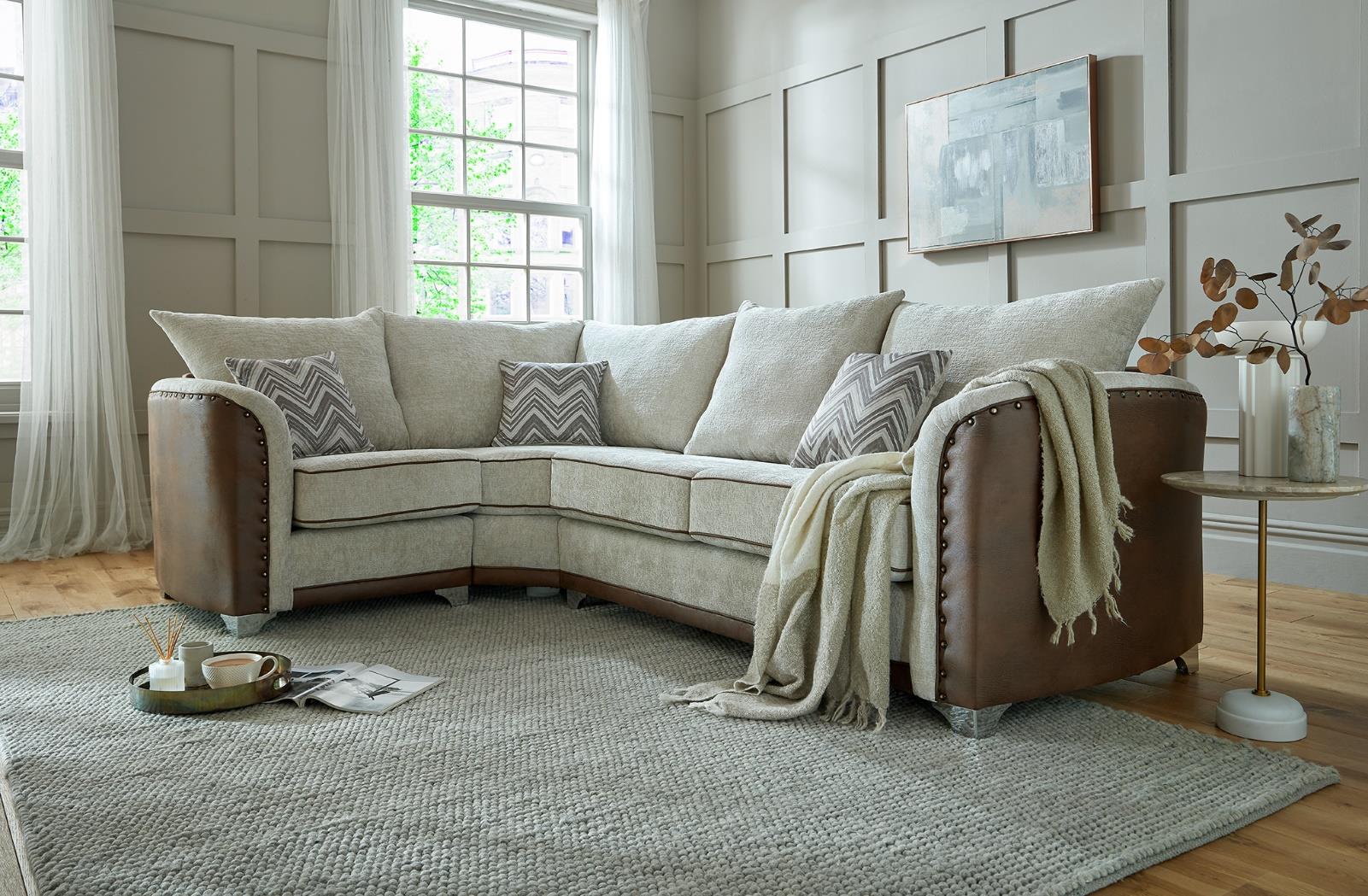 Richmond 2+Corner+2 Seater Sofa In Olivia Ivory Fabric And Colorado Tan Faux Leather